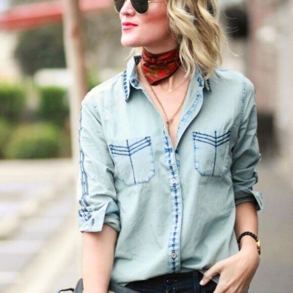 CABI Blue Bardot Acid Wash Boho Embroider Long Sleeve Button Up Chambray Top XS - Picture 1 of 8